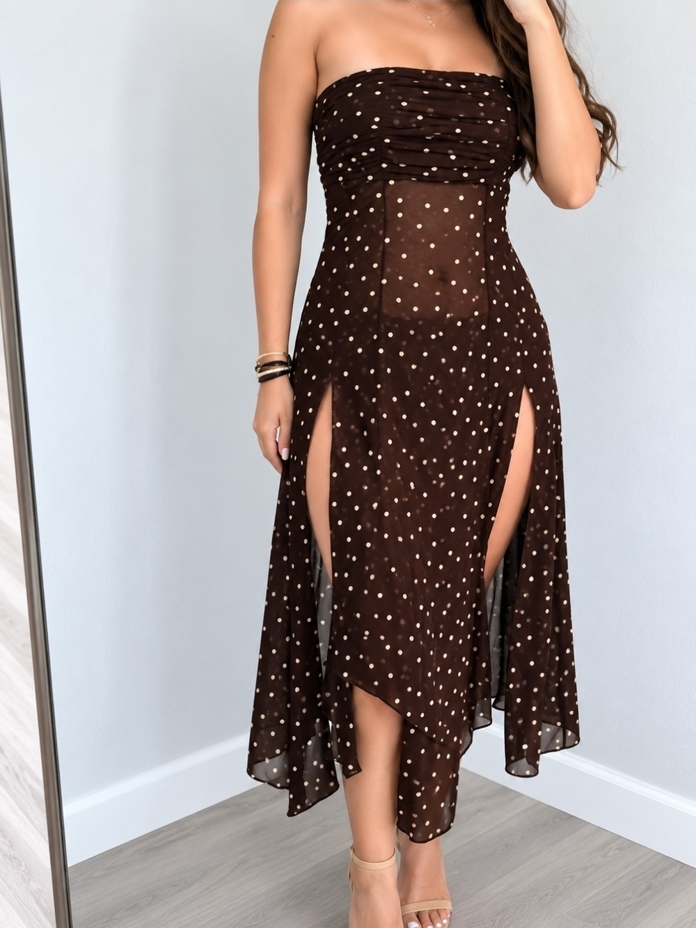 Sans Souci Brown Polka Dot Strapless Split Swim Coverup Size S NWT
